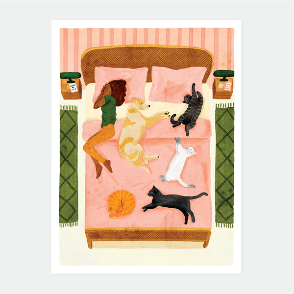 A heartwarming watercolor illustration by All The Ways To Say of a woman sleeping in bed surrounded by a dog and four cats, with text 'Better Together'.