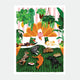 A cozy watercolor poster by All The Ways To Say showing a person reading in bed surrounded by many dogs, cats, and lush hanging plants.