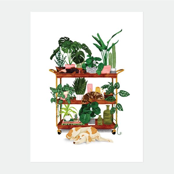 A detailed watercolor illustration of a plant shelf with various green plants and three sleeping dogs.
