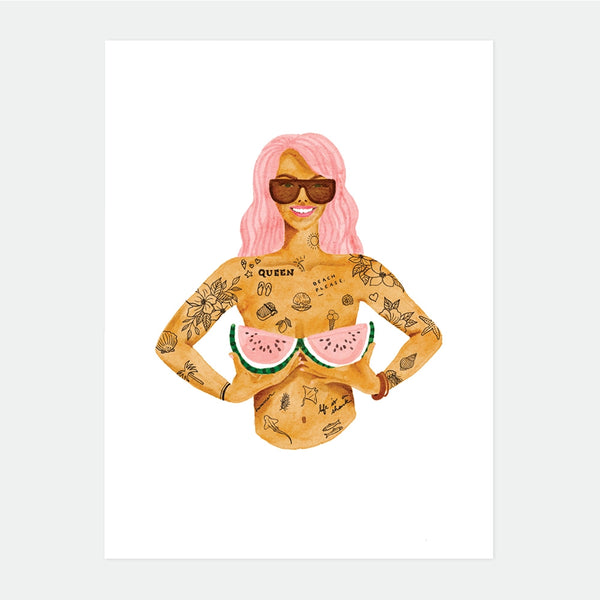 A bold watercolor illustration of a tattooed woman with pink hair holding watermelon slices, titled "Summer Queen" by All The Ways To Say.