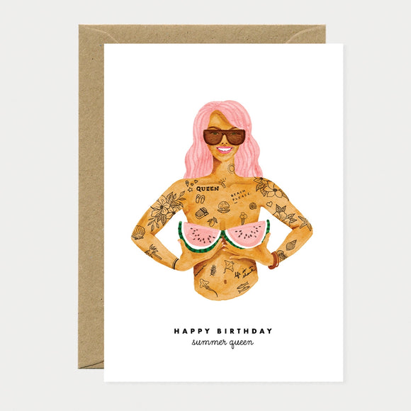 A bold greeting card by All The Ways To Say featuring a watercolor illustration of a tattooed woman with pink hair holding watermelon slices with the text "HAPPY BIRTHDAY summer queen".