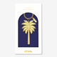 A tropical gold enamel keychain by All The Ways To Say in the shape of a palm tree with "BEACH PLEASE" engraved on the trunk, in its navy gift box.