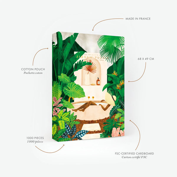 Specs for the Exotic Bathtub 1000-piece jigsaw puzzle. Highlights the cotton pouch and FSC-certified materials. The artwork features a relaxing bathroom scene surrounded by oversized tropical jungle leaves and vibrant plants.