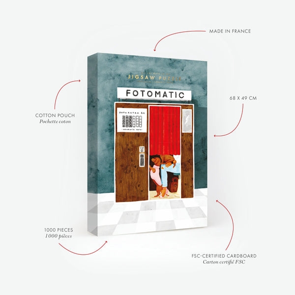 Product specifications for the Fotomatic 1000-piece puzzle. Details include Made in France and premium cardboard quality. The illustration shows a vintage photo booth with a charming dachshund waiting outside the red curtain