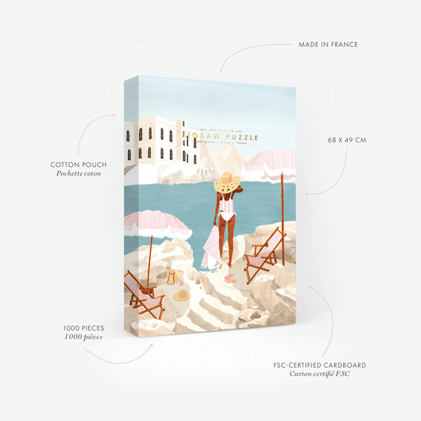 Technical details of the Italy 1000-piece puzzle by All the Ways to Say. Shows premium specs and the included cotton pouch. The artwork captures a woman in a sun hat on a rocky Mediterranean beach with pink striped umbrellas.