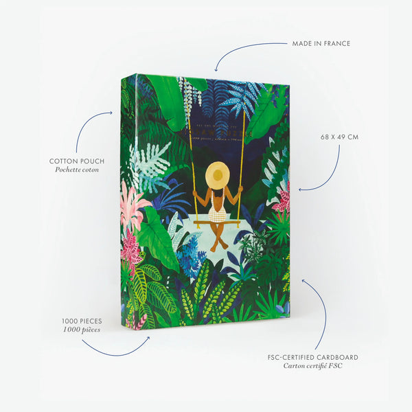 Product specifications for the Swing 1000-piece puzzle. Information on the 68x49 cm format and cotton storage bag. The illustration features a woman in a sun hat on a swing at night, surrounded by deep green tropical leaves and vibrant exotic flowers.