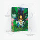 Product specifications for the Swing 1000-piece puzzle. Information on the 68x49 cm format and cotton storage bag. The illustration features a woman in a sun hat on a swing at night, surrounded by deep green tropical leaves and vibrant exotic flowers.
