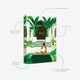 Technical features of the Medina 1000-piece jigsaw puzzle. Highlights the Made in France quality and FSC materials. The scene shows a serene riad courtyard with a green tiled pool, giant banana leaves, and a woman eating watermelon.