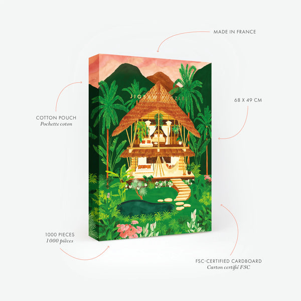 Technical features of the Ubud 1000-piece jigsaw puzzle. Highlights the Made in France quality and FSC materials. The scene shows a stunning bamboo eco-villa in the heart of the Bali jungle with a natural pool and mountain backdrop.