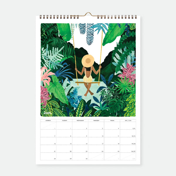 June page of the Best Of 10 Years 2027 calendar, illustrated woman on a swing surrounded by lush green jungle foliage