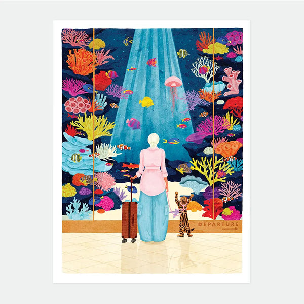 Illustrated poster of a woman and her cat waiting at an airport boarding gate in front of a colourful coral reef full of tropical fish, "DEPARTURE" sign visible, Boarding Soon poster by All The Ways To Say