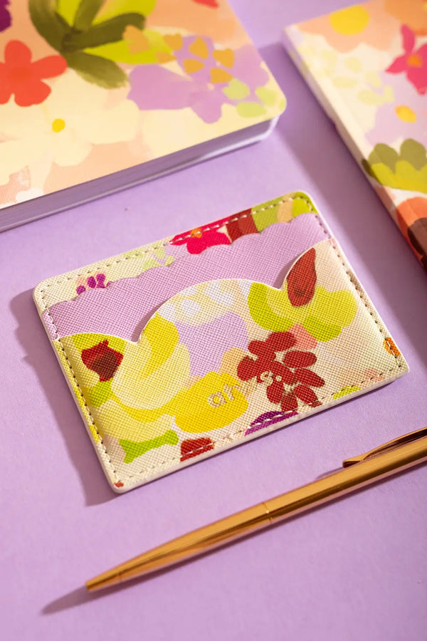 Spring Sweets Card Holder with hand-painted colorful floral patterns on vegan leather.