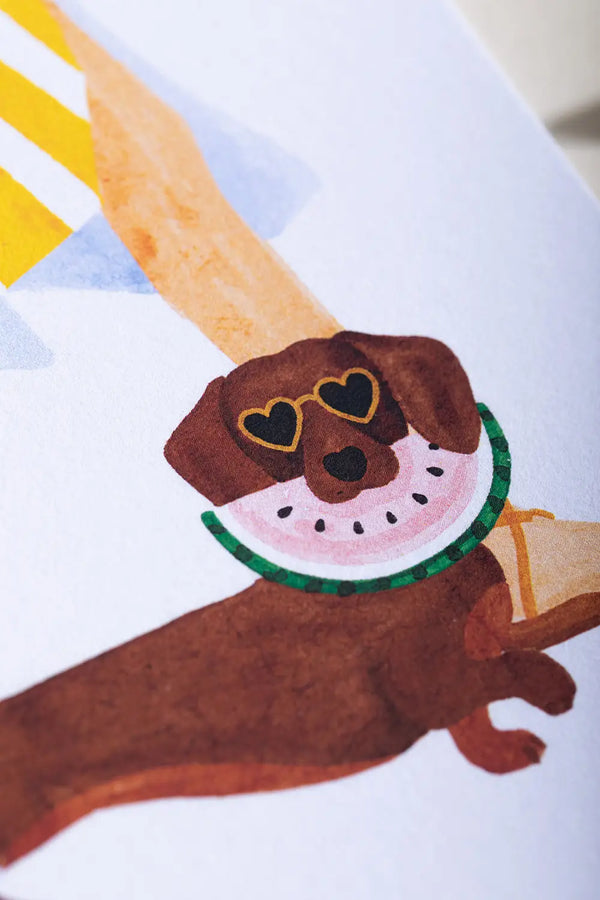 Summer dachshund Greeting card - Close-up of a hand-painted dachshund wearing heart-shaped sunglasses and eating watermelon.