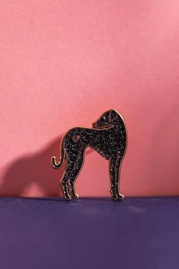 Greyhound - Pins: elegant black glitter enamel greyhound pin with a gold heart detail.