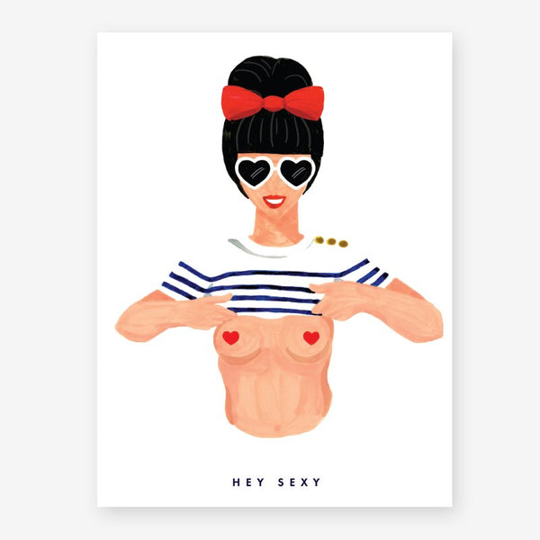Illustration of a pin-up woman in a striped mariniere top and heart-shaped sunglasses, titled Hey Sexy, isolated on a white background.