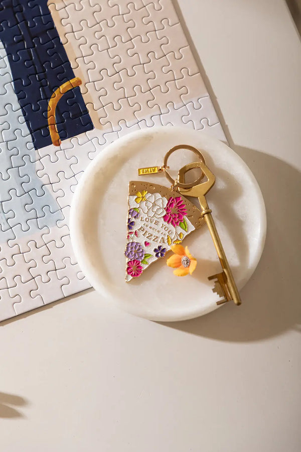 As much as pizza Keychain - Top view of the pizza slice illustration with a vintage key on marble.