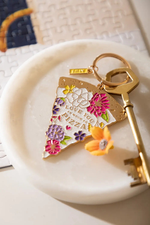 As much as pizza Keychain - Angled view showing the glittery texture and floral details.