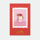 Enamel pin of three stacked teacups in red polka dot, cream stripe, and pink heart patterns