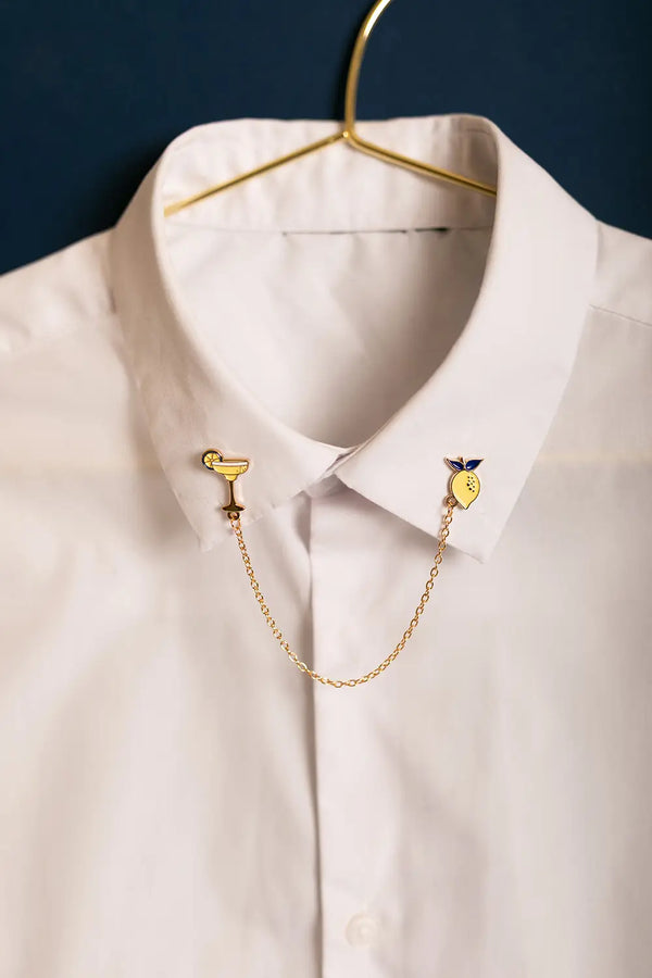 Duo Margarita Chain - Pins: the full double-collar pin set shown on a white button-down shirt.