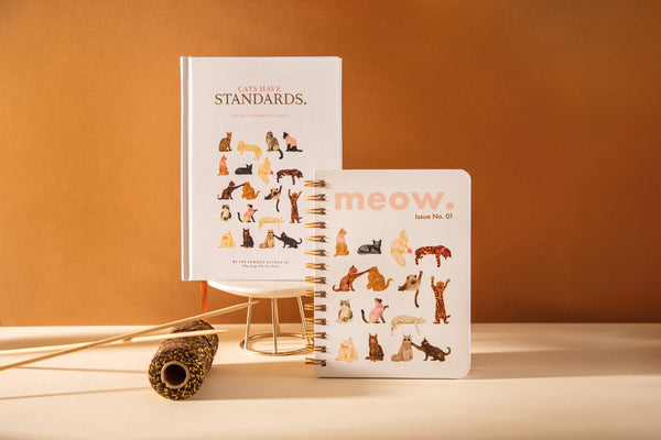 "Meow" A5 spiral notebook next to the matching "Cats have standards" hardcover notebook, both covered in illustrated cats