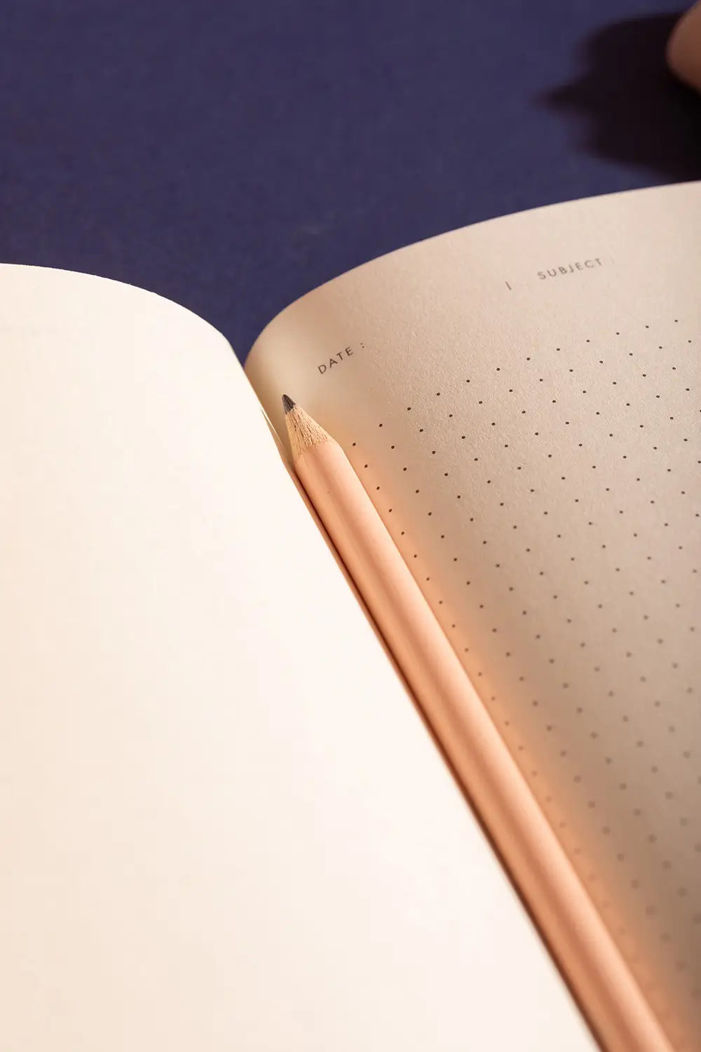 Dog(ue) Notebook A5 - Interior view of dotted pages with a pink pencil on navy background.