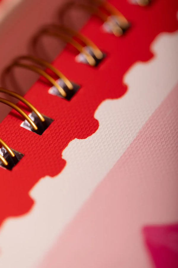 Bisous Bella Spiral Notebook - Close-up of the red cover texture and gold spiral rings.