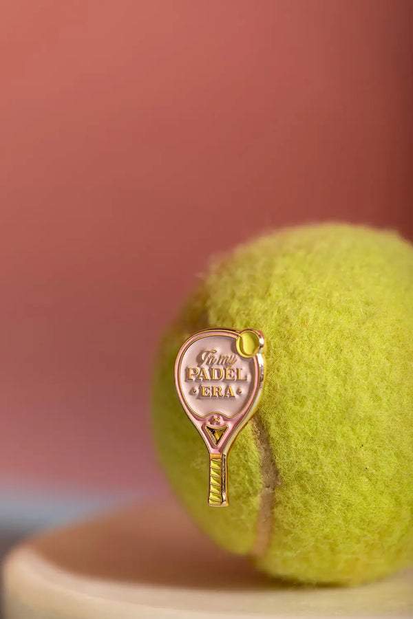 Padel Era - Pins: macro shot highlighting the "In my Padel ERA" engraving and gold-plated finish.