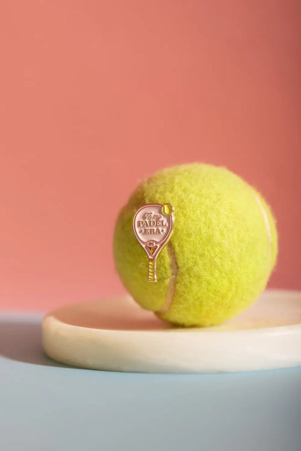Padel Era - Pins: stylish pink enamel racket pin with "In my Padel ERA" text shown on a sports ball.