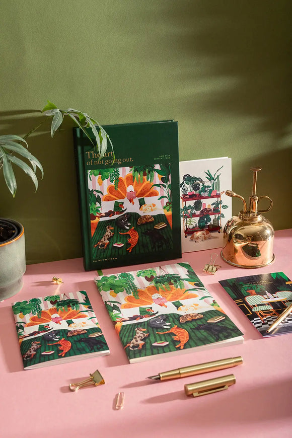 LIFE WITH PETS & PLANTS - Collection: a complete set of notebooks and a green journal styled with a gold water mister.
