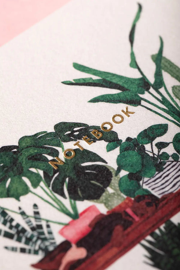 Life with Pets & Plants Pocket Notebook A6 DUO - Close-up of gold foil title and monstera plant.