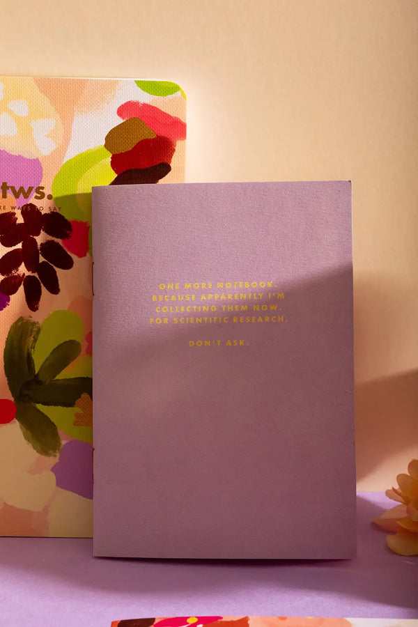 Spring Sweets Pocket Notebook A6 DUO - Purple notebook with "For scientific research" quote.