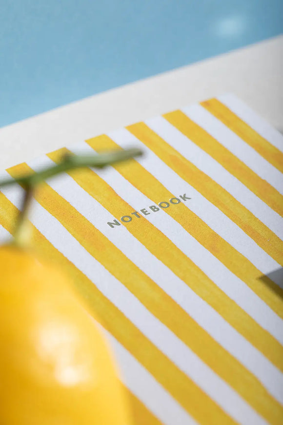 Summer Dachshund Pocket Notebook A6 DUO - Close-up of gold foil title and yellow stripes.