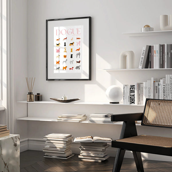Framed DOGUE poster featuring illustrated dogs by All the Ways to Say in a modern living room interior