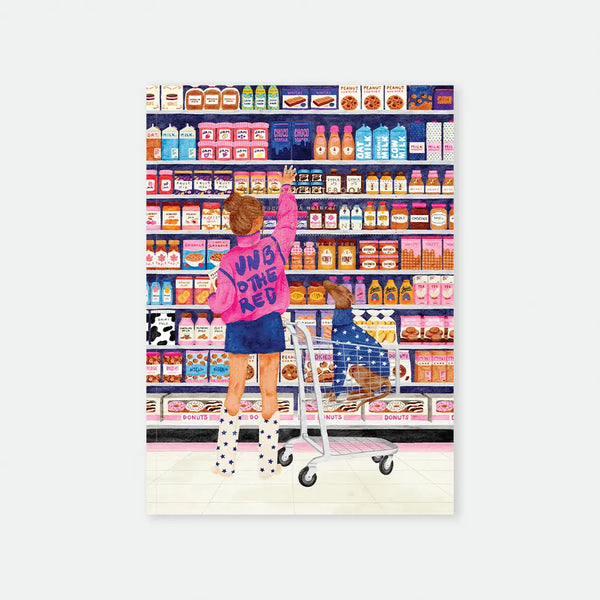 Sugar Market A5 notebook cover by All The Ways To Say, illustration of a girl reaching for a jar on a grocery store shelf with her dog waiting in the cart, shelves stocked with jams, milk and cookies, "UNBOTHERED" text on her jacket