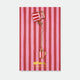 Enamel pin of a red and pink striped teapot connected by a gold chain to a matching striped teacup