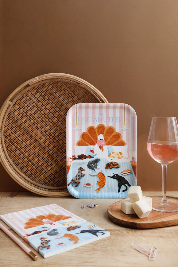 Home Sweet Home melamine tray and stationery featuring illustrated cats and dogs in cozy bedroom scene